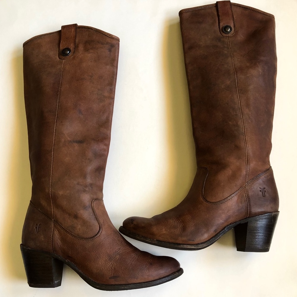 Frye Brown Leather Jackie Heeled High Knee Boots